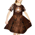 New Zealand Matariki Tupuanuku Kid Short Sleeve Dress Maori Moko Brown Galaxy