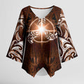New Zealand Matariki Tupuanuku Kimono Sleeve Blouse Maori Moko Brown Galaxy