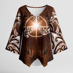New Zealand Matariki Tupuanuku Kimono Sleeve Blouse Maori Moko Brown Galaxy