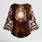 New Zealand Matariki Tupuanuku Kimono Sleeve Blouse Maori Moko Brown Galaxy