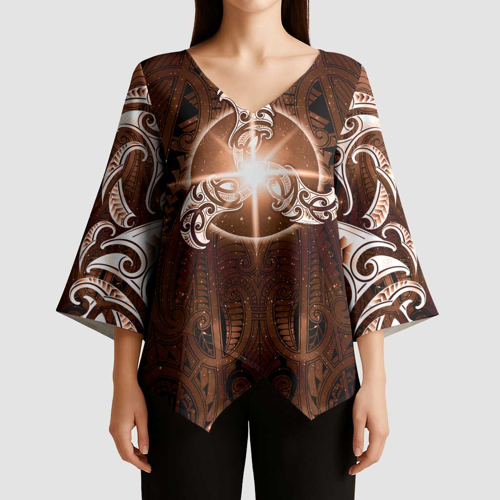 New Zealand Matariki Tupuanuku Kimono Sleeve Blouse Maori Moko Brown Galaxy