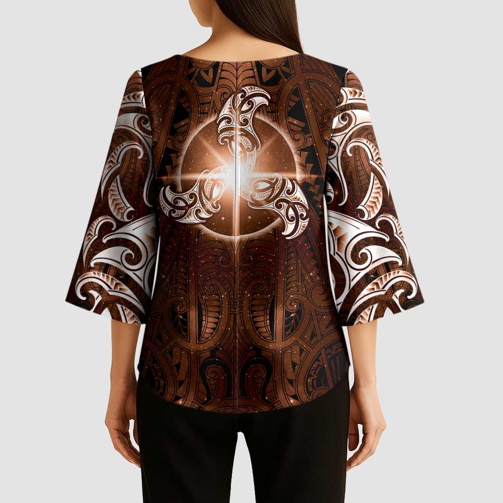 New Zealand Matariki Tupuanuku Kimono Sleeve Blouse Maori Moko Brown Galaxy