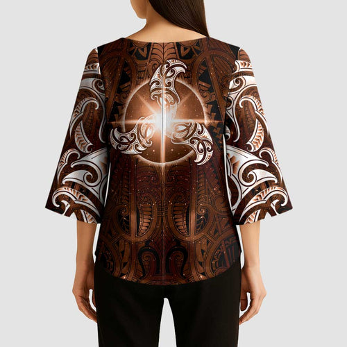 New Zealand Matariki Tupuanuku Kimono Sleeve Blouse Maori Moko Brown Galaxy