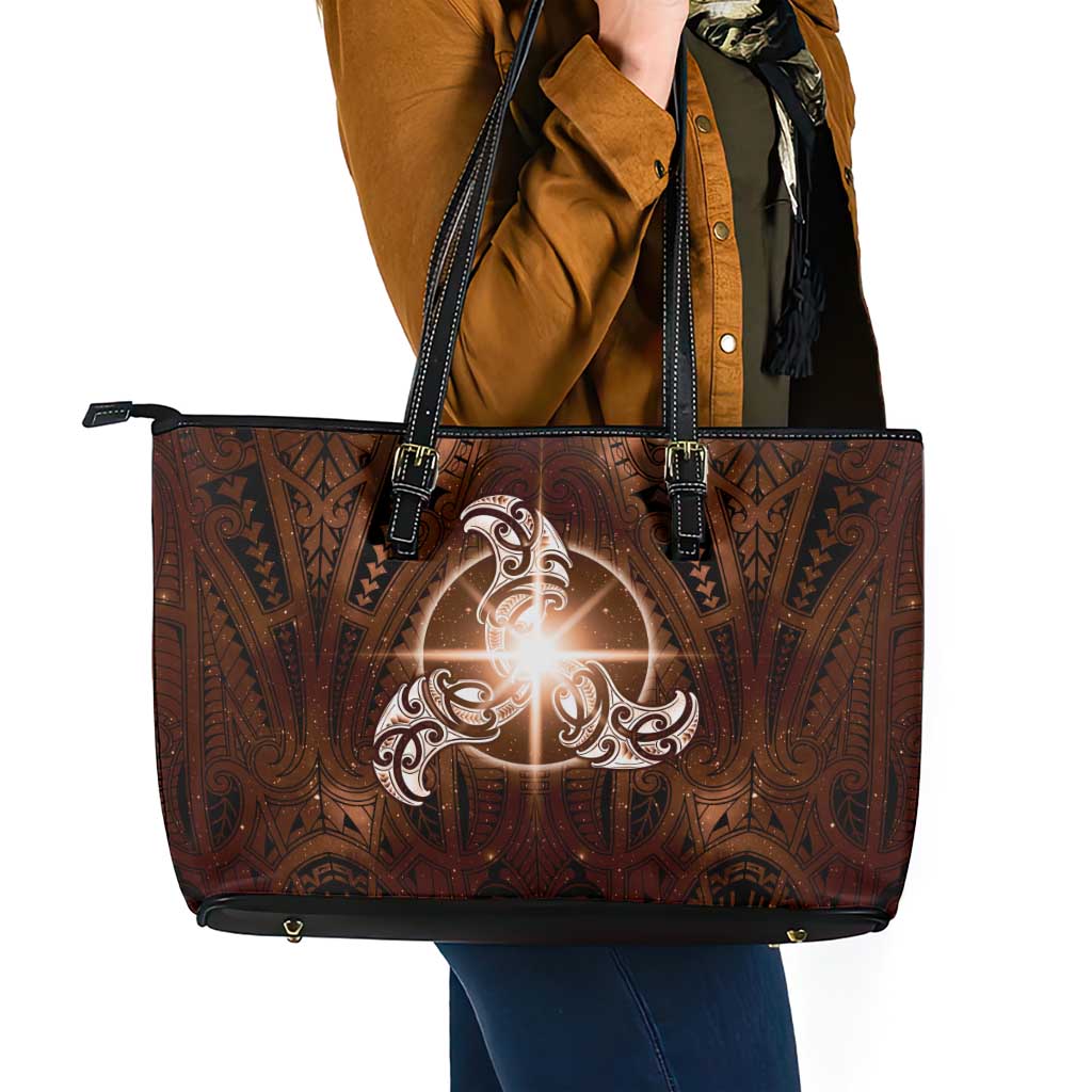 New Zealand Matariki Tupuanuku Leather Tote Bag Maori Moko Brown Galaxy