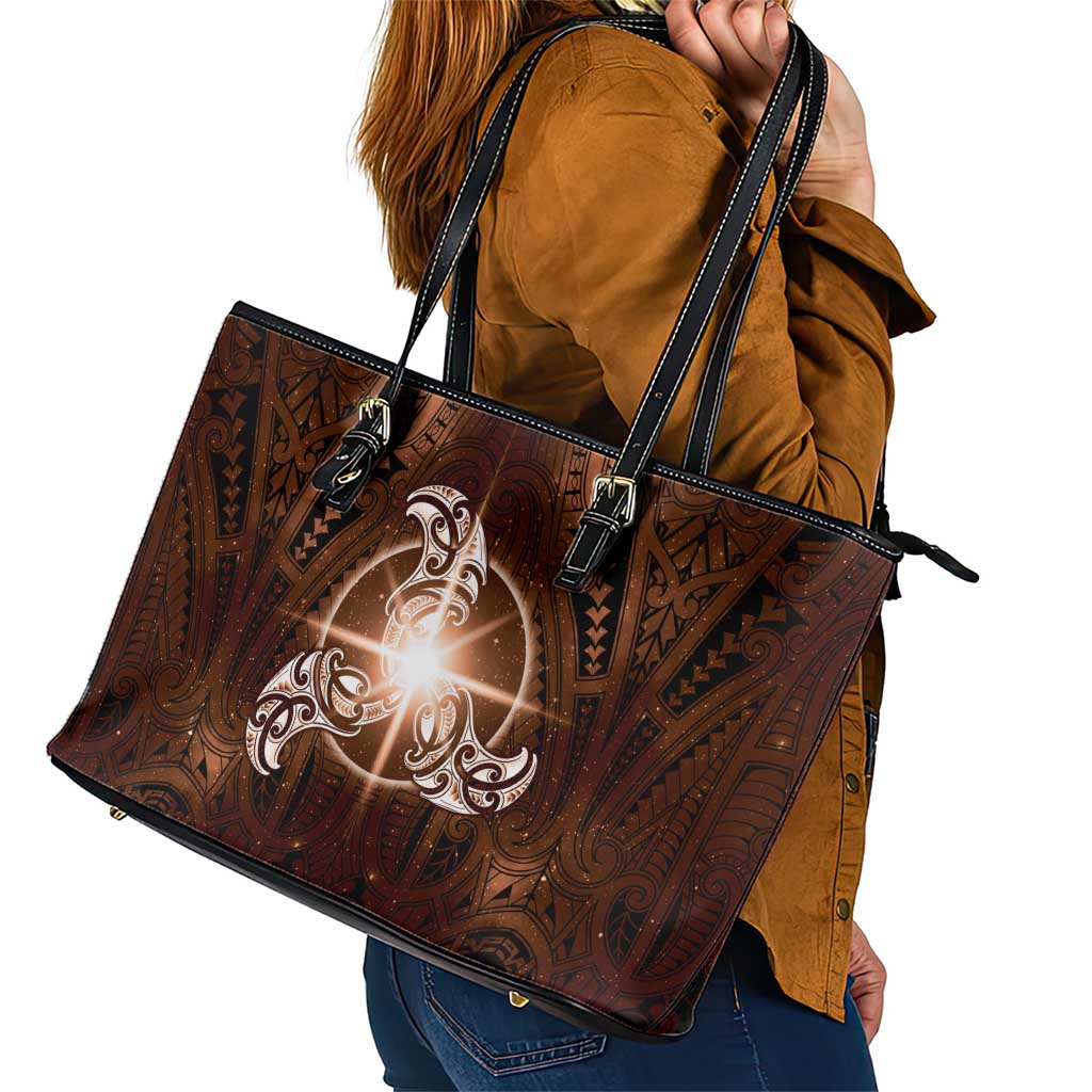 New Zealand Matariki Tupuanuku Leather Tote Bag Maori Moko Brown Galaxy