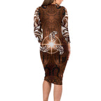 New Zealand Matariki Tupuanuku Long Sleeve Bodycon Dress Maori Moko Brown Galaxy