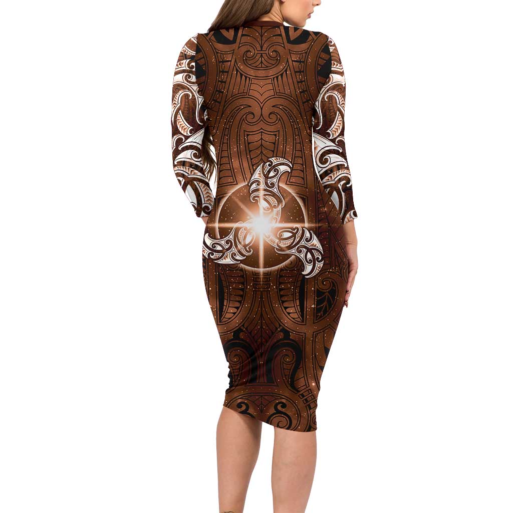 New Zealand Matariki Tupuanuku Long Sleeve Bodycon Dress Maori Moko Brown Galaxy
