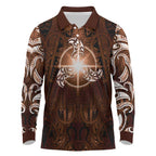 New Zealand Matariki Tupuanuku Long Sleeve Polo Shirt Maori Moko Brown Galaxy