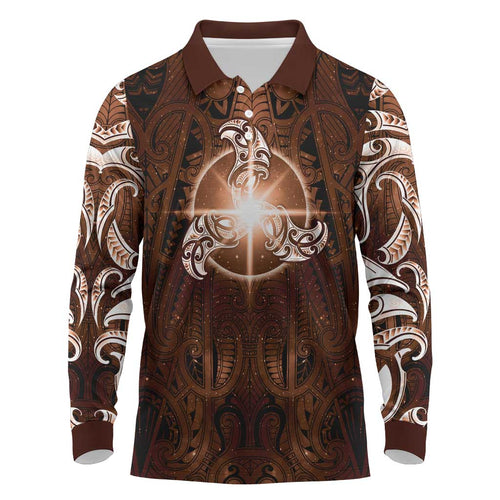 New Zealand Matariki Tupuanuku Long Sleeve Polo Shirt Maori Moko Brown Galaxy