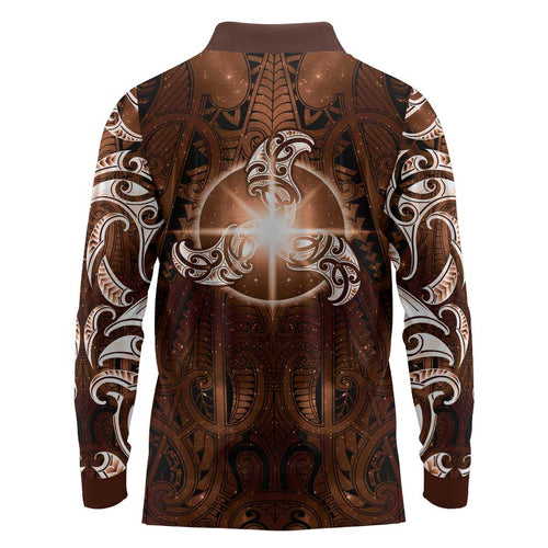 New Zealand Matariki Tupuanuku Long Sleeve Polo Shirt Maori Moko Brown Galaxy