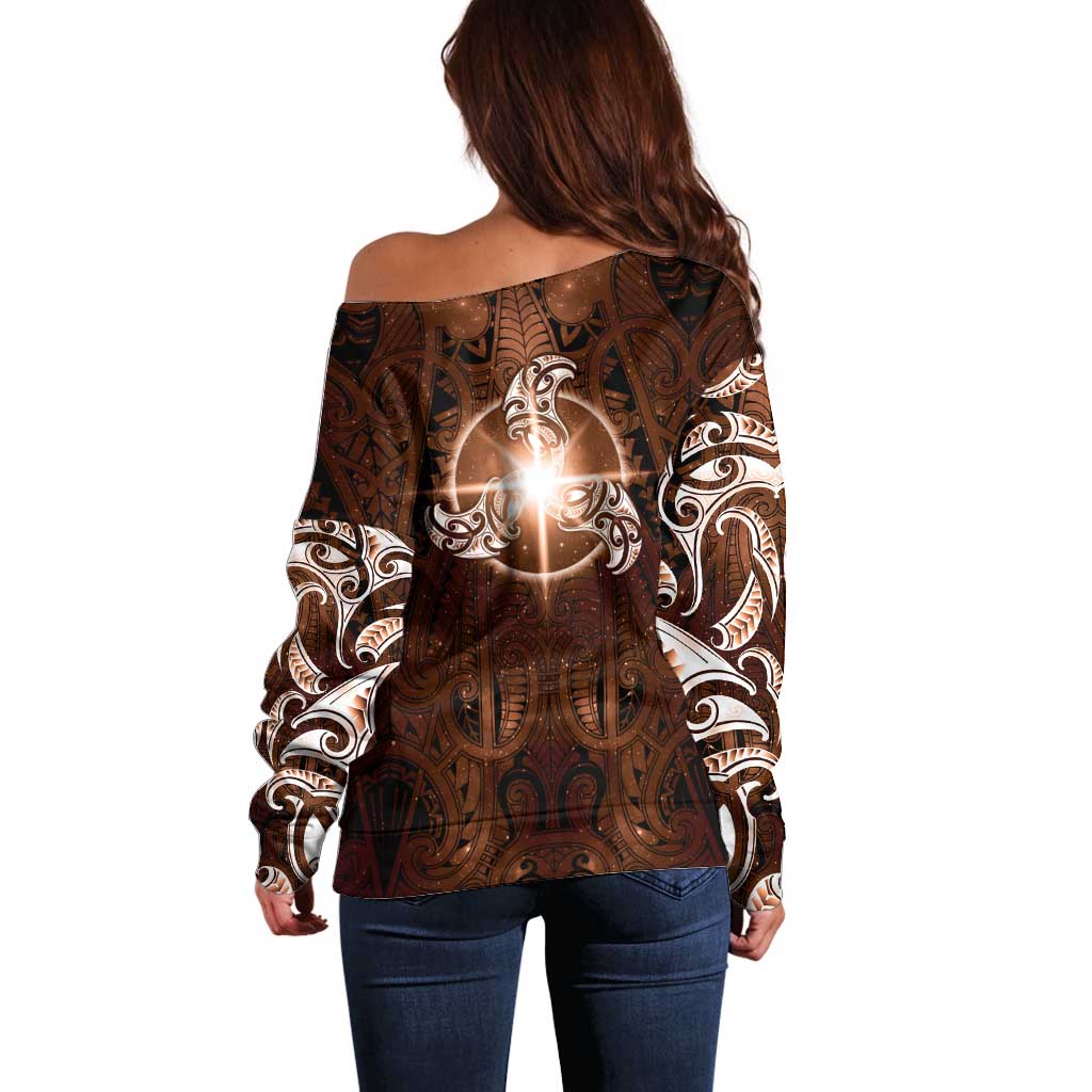 New Zealand Matariki Tupuanuku Off Shoulder Sweater Maori Moko Brown Galaxy