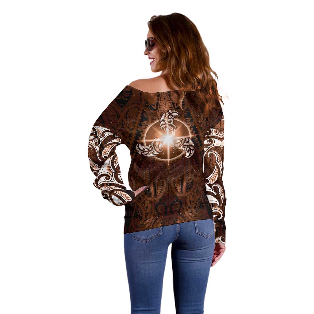 New Zealand Matariki Tupuanuku Off Shoulder Sweater Maori Moko Brown Galaxy