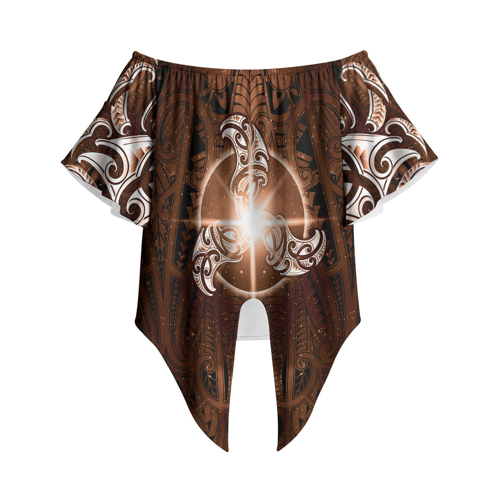 New Zealand Matariki Tupuanuku Off Shoulder Wrap Waist Top Maori Moko Brown Galaxy