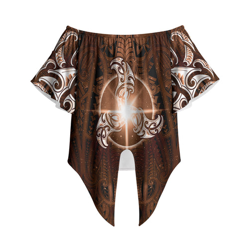 New Zealand Matariki Tupuanuku Off Shoulder Wrap Waist Top Maori Moko Brown Galaxy