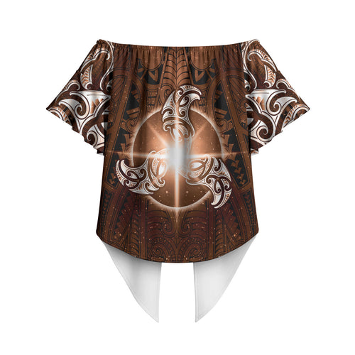 New Zealand Matariki Tupuanuku Off Shoulder Wrap Waist Top Maori Moko Brown Galaxy