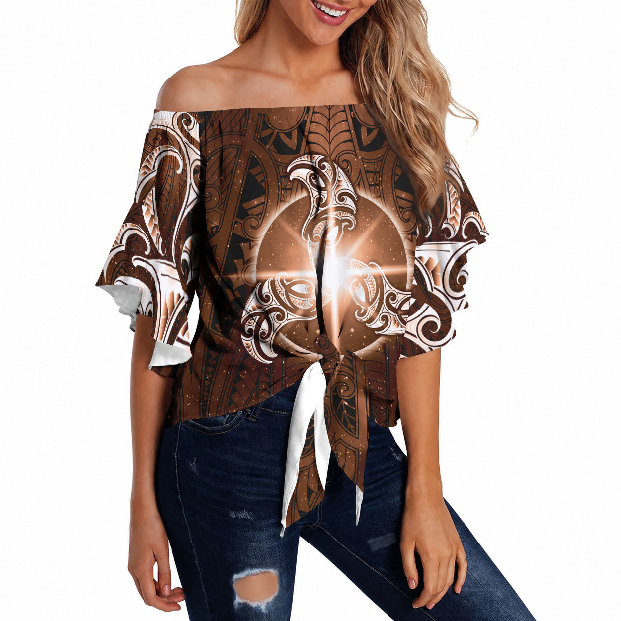 New Zealand Matariki Tupuanuku Off Shoulder Wrap Waist Top Maori Moko Brown Galaxy