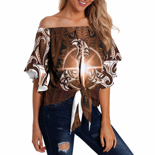 New Zealand Matariki Tupuanuku Off Shoulder Wrap Waist Top Maori Moko Brown Galaxy