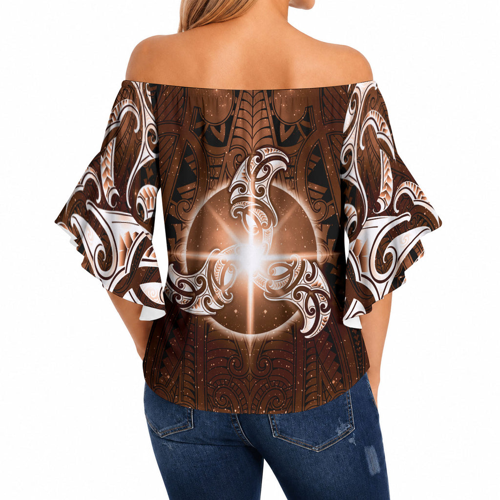 New Zealand Matariki Tupuanuku Off Shoulder Wrap Waist Top Maori Moko Brown Galaxy