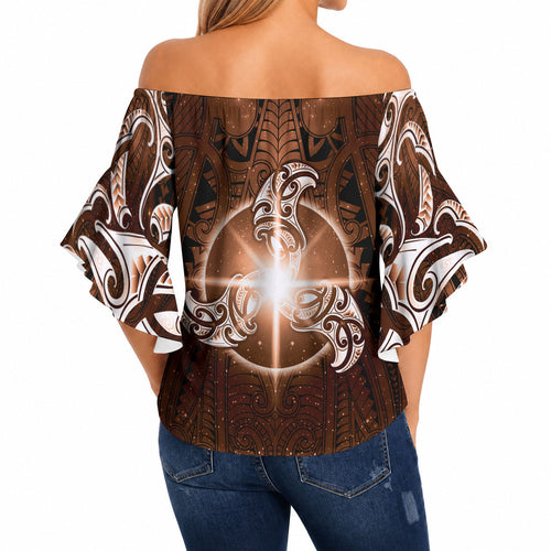 New Zealand Matariki Tupuanuku Off Shoulder Wrap Waist Top Maori Moko Brown Galaxy