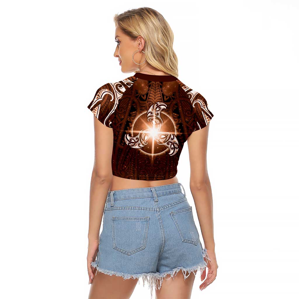 New Zealand Matariki Tupuanuku Raglan Cropped T Shirt Maori Moko Brown Galaxy