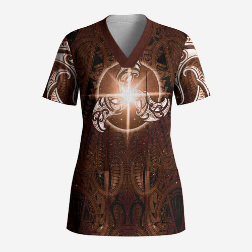 New Zealand Matariki Tupuanuku Scrub Top Maori Moko Brown Galaxy