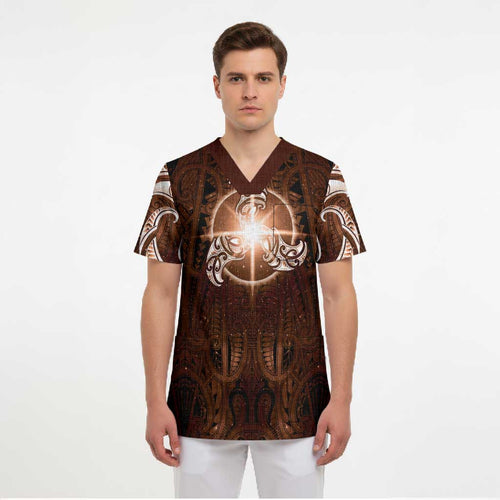New Zealand Matariki Tupuanuku Scrub Top Maori Moko Brown Galaxy