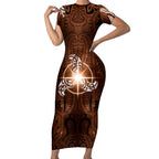 New Zealand Matariki Tupuanuku Short Sleeve Bodycon Dress Maori Moko Brown Galaxy