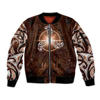 New Zealand Matariki Tupuanuku Sleeve Zip Bomber Jacket Maori Moko Brown Galaxy
