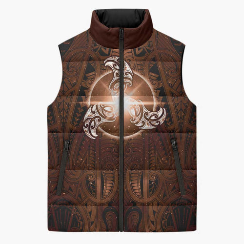 New Zealand Matariki Tupuanuku Sleeveless Puffer Jacket Maori Moko Brown Galaxy