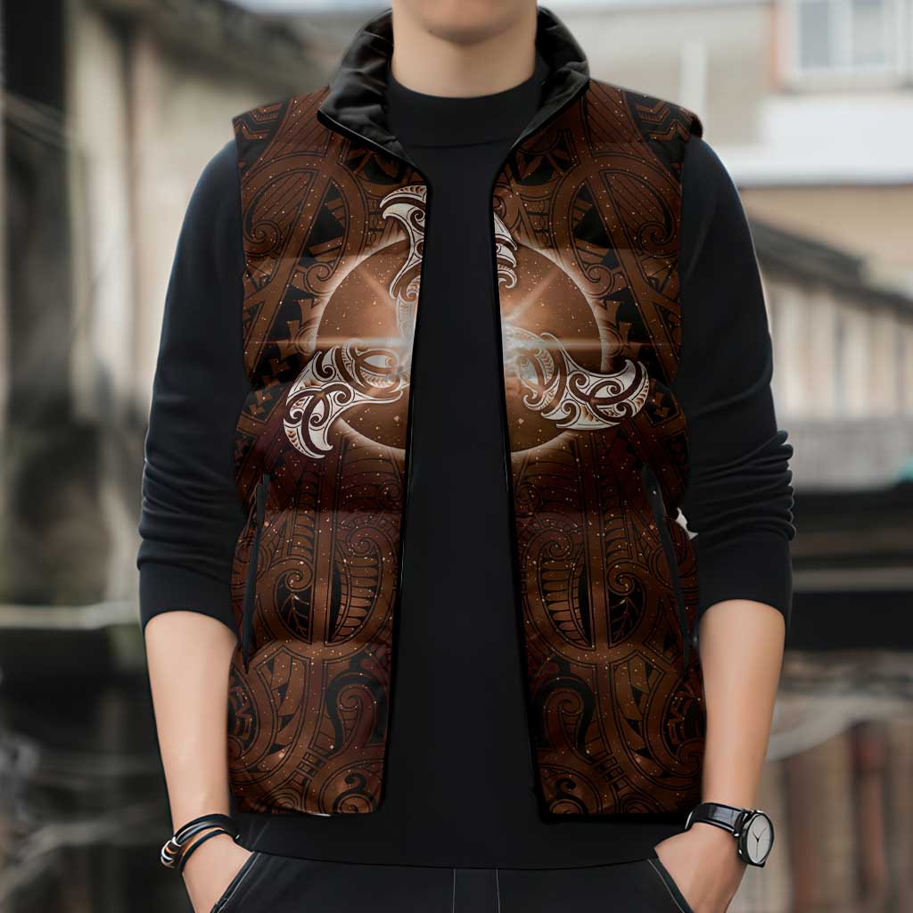 New Zealand Matariki Tupuanuku Sleeveless Puffer Jacket Maori Moko Brown Galaxy