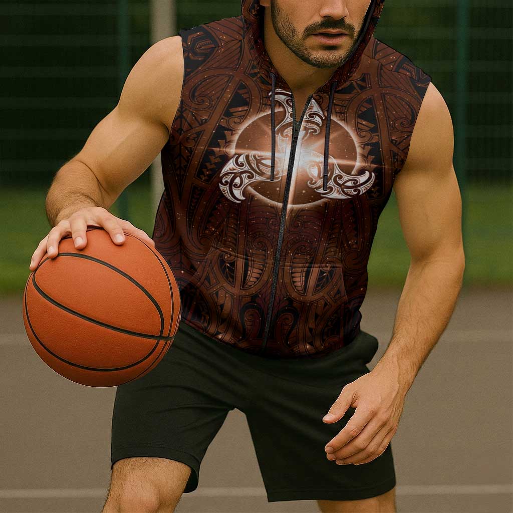 New Zealand Matariki Tupuanuku Sleeveless Zip Hoodie Maori Moko Brown Galaxy