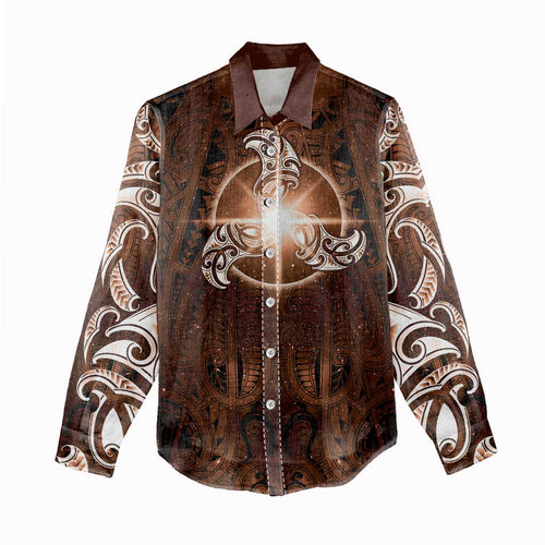 New Zealand Matariki Tupuanuku Women Casual Shirt Maori Moko Brown Galaxy