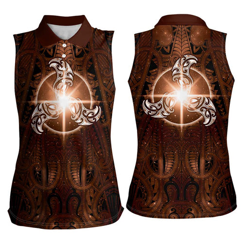 New Zealand Matariki Tupuanuku Women Sleeveless Polo Shirt Maori Moko Brown Galaxy