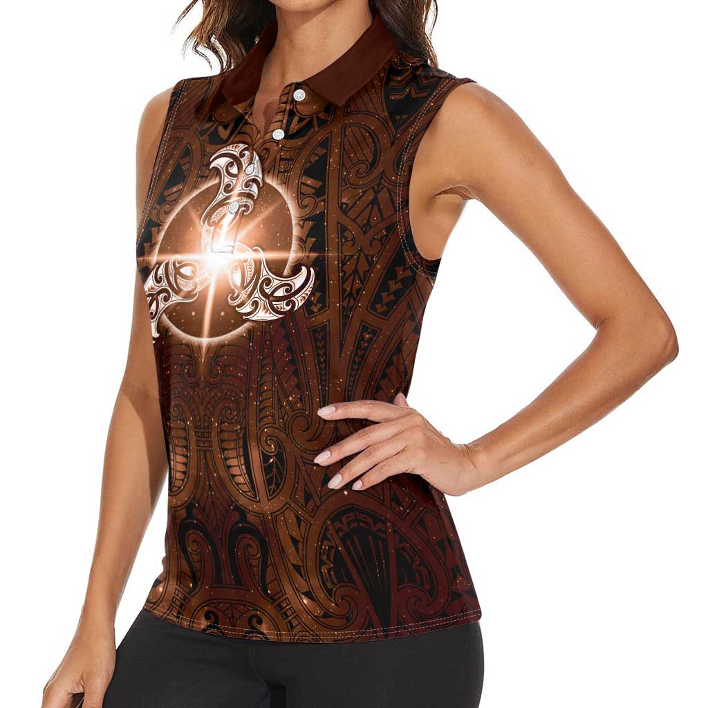 New Zealand Matariki Tupuanuku Women Sleeveless Polo Shirt Maori Moko Brown Galaxy