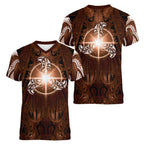 New Zealand Matariki Tupuanuku Women V-Neck T-Shirt Maori Moko Brown Galaxy