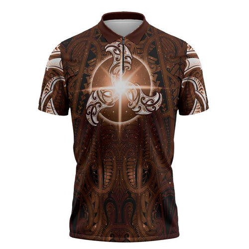 New Zealand Matariki Tupuanuku Zipper Polo Shirt Maori Moko Brown Galaxy