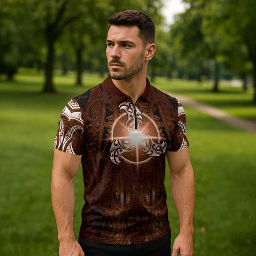 New Zealand Matariki Tupuanuku Zipper Polo Shirt Maori Moko Brown Galaxy