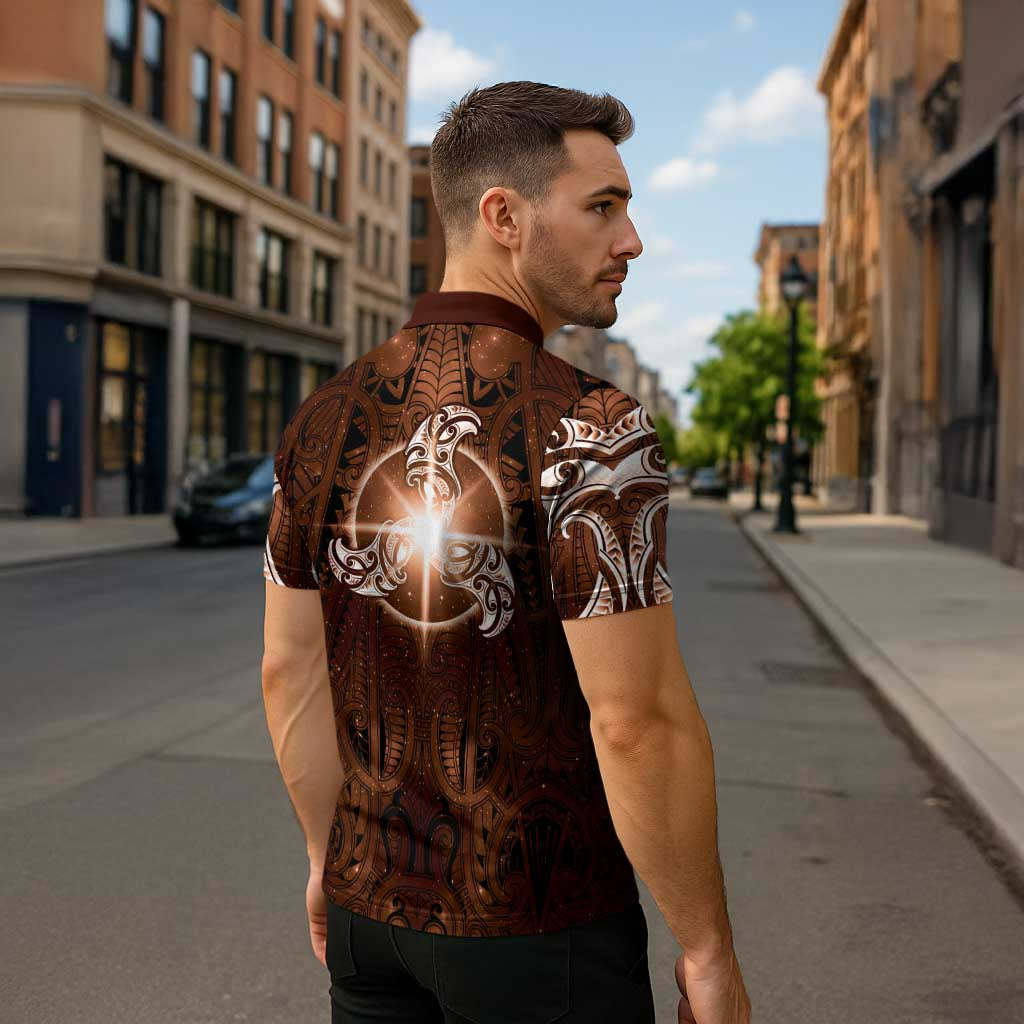 New Zealand Matariki Tupuanuku Zipper Polo Shirt Maori Moko Brown Galaxy