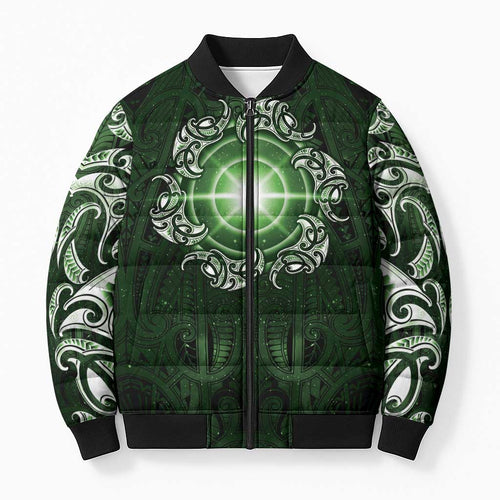New Zealand Matariki Tupuarangi Bomber Puffer Jacket Maori Moko Green Galaxy