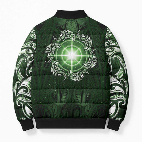 New Zealand Matariki Tupuarangi Bomber Puffer Jacket Maori Moko Green Galaxy