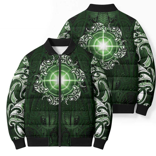 New Zealand Matariki Tupuarangi Bomber Puffer Jacket Maori Moko Green Galaxy