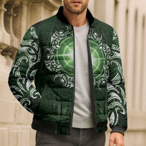 New Zealand Matariki Tupuarangi Bomber Puffer Jacket Maori Moko Green Galaxy