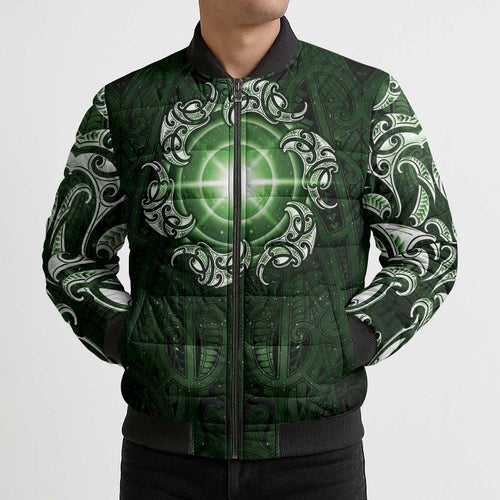 New Zealand Matariki Tupuarangi Bomber Puffer Jacket Maori Moko Green Galaxy