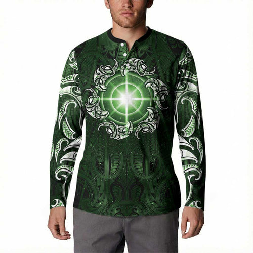 New Zealand Matariki Tupuarangi Button Sweatshirt Maori Moko Green Galaxy