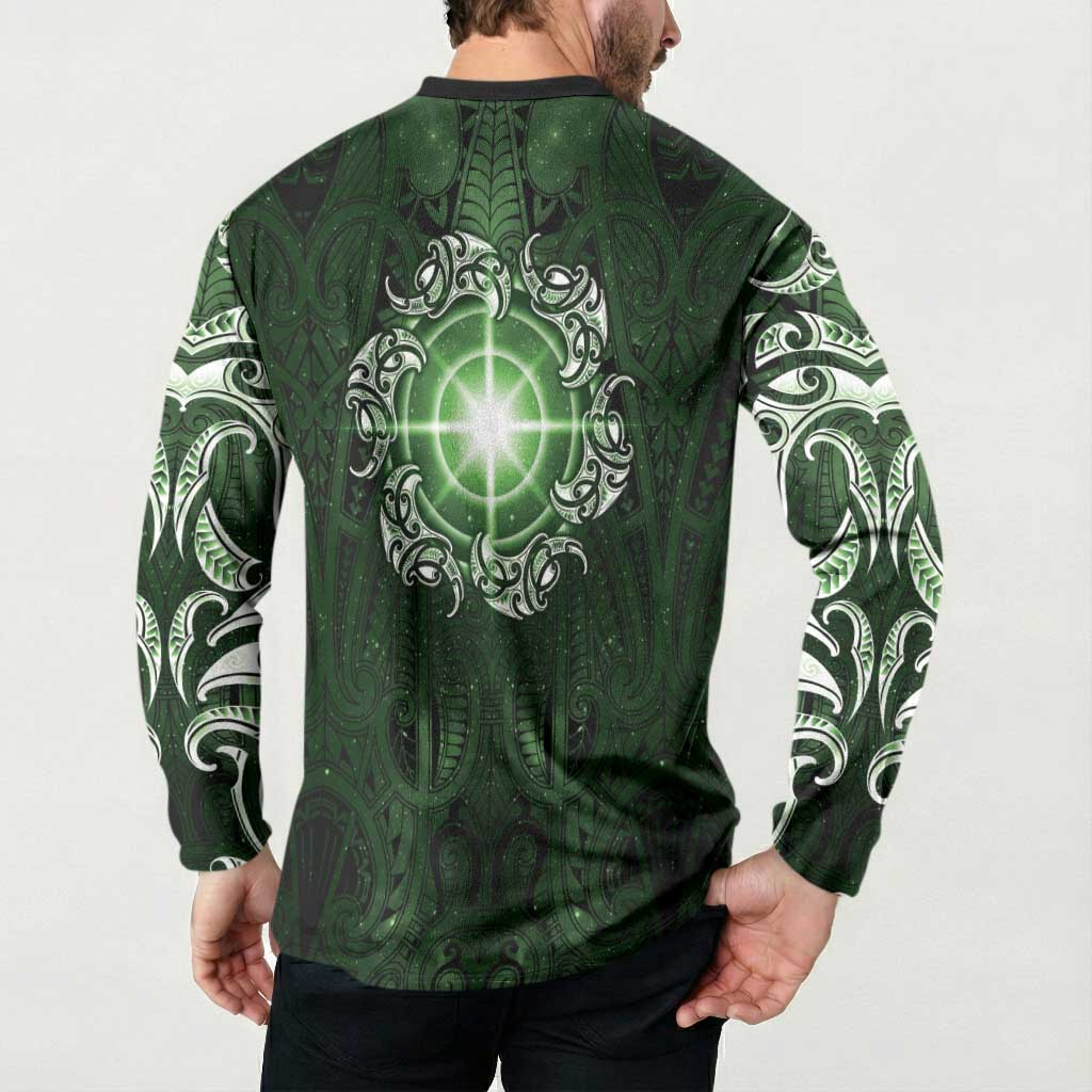 New Zealand Matariki Tupuarangi Button Sweatshirt Maori Moko Green Galaxy