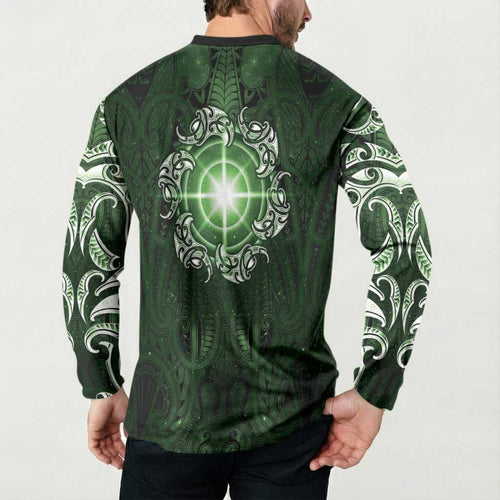 New Zealand Matariki Tupuarangi Button Sweatshirt Maori Moko Green Galaxy