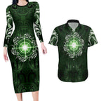 New Zealand Matariki Tupuarangi Couples Matching Long Sleeve Bodycon Dress and Hawaiian Shirt Maori Moko Green Galaxy