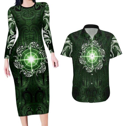 New Zealand Matariki Tupuarangi Couples Matching Long Sleeve Bodycon Dress and Hawaiian Shirt Maori Moko Green Galaxy