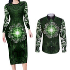 New Zealand Matariki Tupuarangi Couples Matching Long Sleeve Bodycon Dress and Long Sleeve Button Shirt Maori Moko Green Galaxy