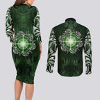 New Zealand Matariki Tupuarangi Couples Matching Long Sleeve Bodycon Dress and Long Sleeve Button Shirt Maori Moko Green Galaxy